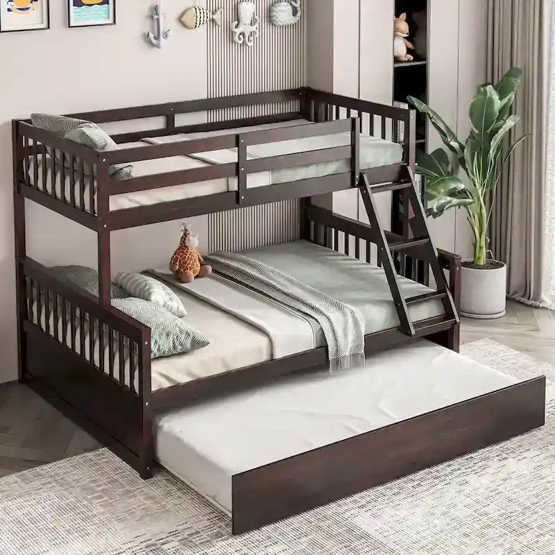Lit superposé jumeau sur grand lit avec lit gigogne jumeau convertible en plateforme