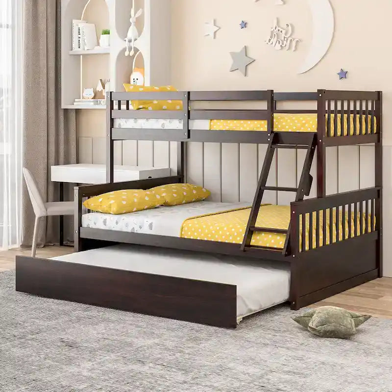Lit superposé jumeau sur grand lit avec lit gigogne jumeau convertible en plateforme
