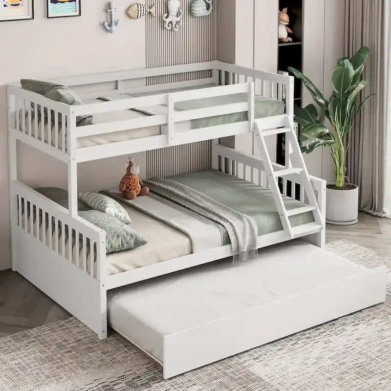 Lit superposé jumeau sur grand lit avec lit gigogne jumeau convertible en plateforme