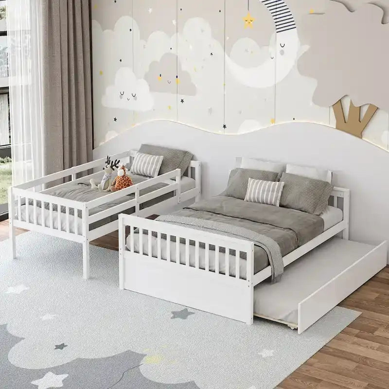 Lit superposé jumeau sur grand lit avec lit gigogne jumeau convertible en plateforme