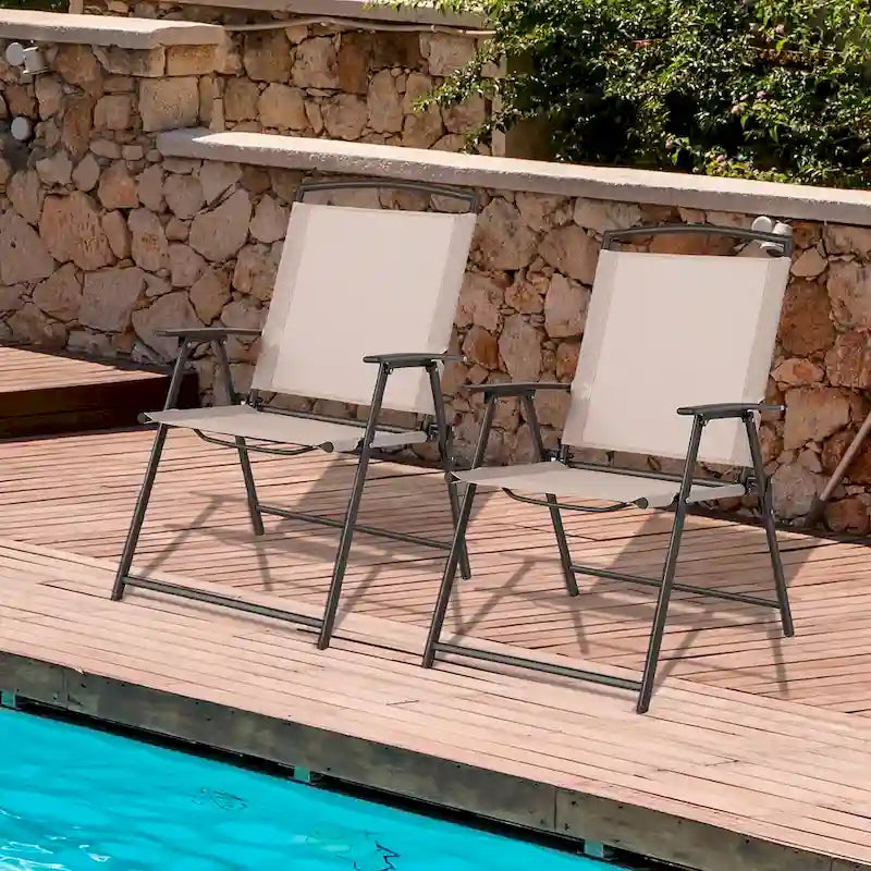 2 chaises de salle à manger pliantes de patio en textilène avec accoudoirs et cadre en acier - Voir détails