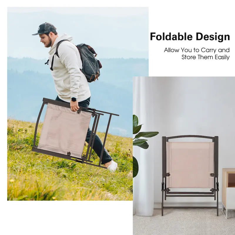 2 chaises de salle à manger pliantes de patio en textilène avec accoudoirs et cadre en acier - Voir détails