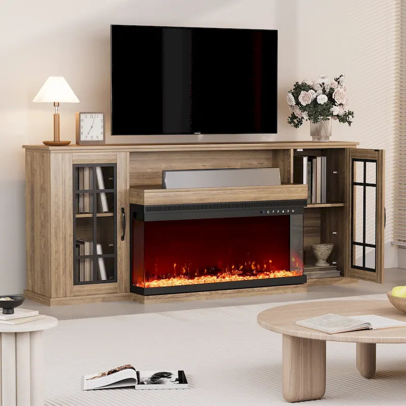 Meuble TV cheminée de 70 po avec vitre à 3 côtés, certifié ETL, 12 couleurs de flamme, lit de braises réaliste, pour téléviseurs jusqu'à 80 po