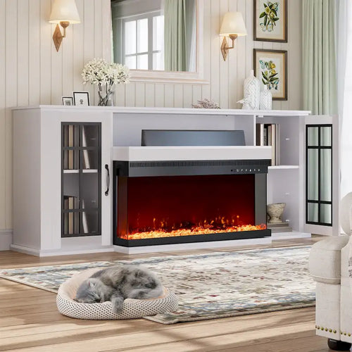 Meuble TV cheminée de 70 po avec vitre à 3 côtés, certifié ETL, 12 couleurs de flamme, lit de braises réaliste, pour téléviseurs jusqu'à 80 po