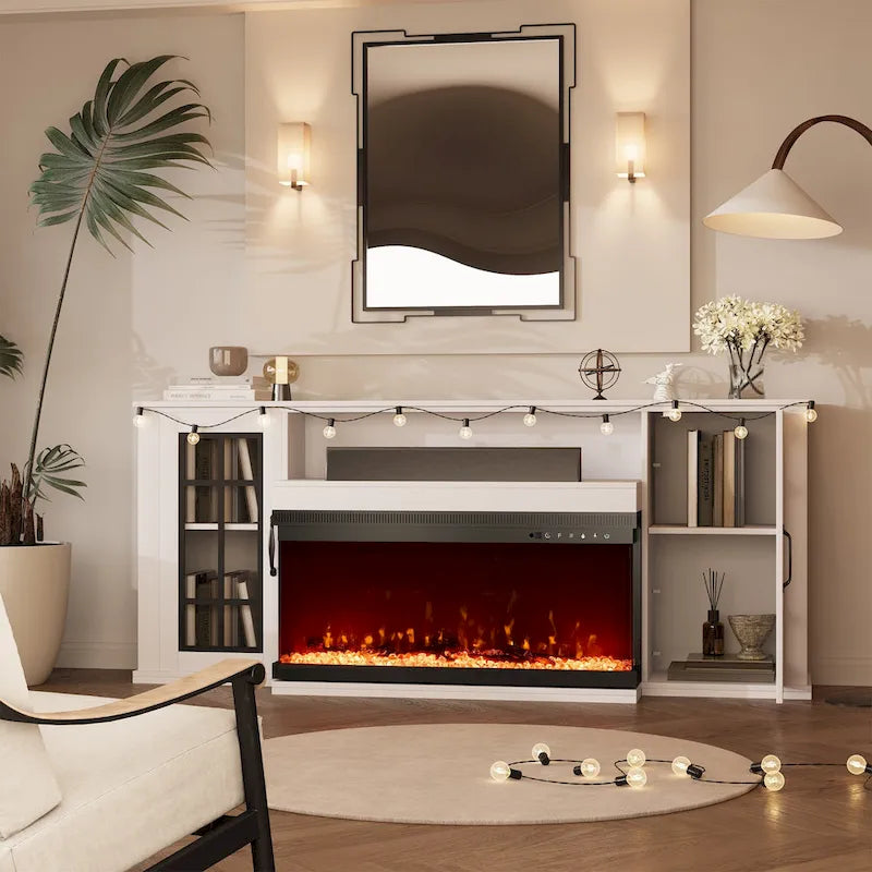 Meuble TV cheminée de 70 po avec vitre à 3 côtés, certifié ETL, 12 couleurs de flamme, lit de braises réaliste, pour téléviseurs jusqu'à 80 po