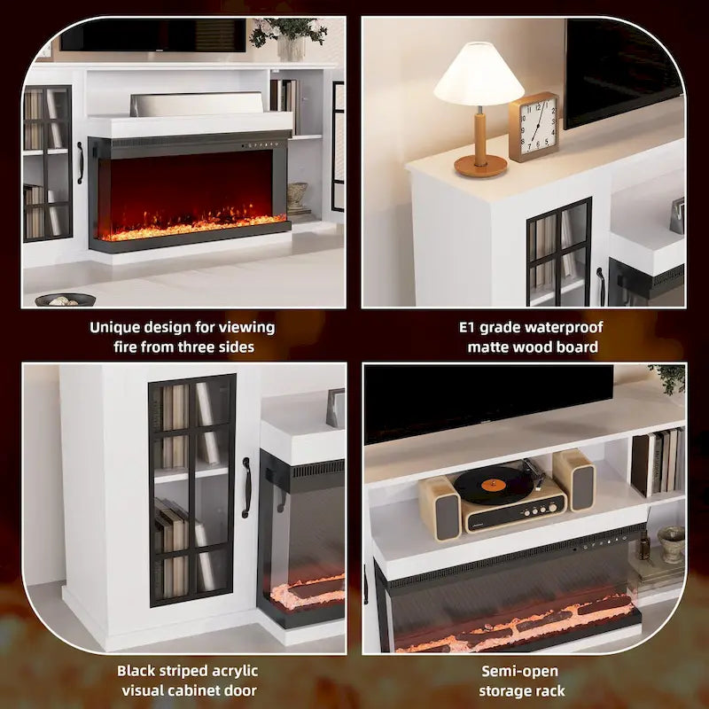 Meuble TV cheminée de 70 po avec vitre à 3 côtés, certifié ETL, 12 couleurs de flamme, lit de braises réaliste, pour téléviseurs jusqu'à 80 po