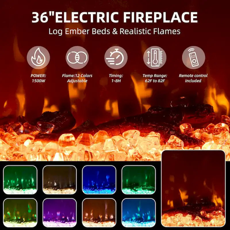 Meuble TV cheminée de 70 po avec vitre à 3 côtés, certifié ETL, 12 couleurs de flamme, lit de braises réaliste, pour téléviseurs jusqu'à 80 po