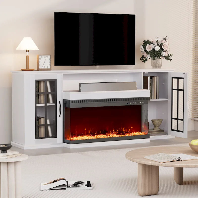 Meuble TV cheminée de 70 po avec vitre à 3 côtés, certifié ETL, 12 couleurs de flamme, lit de braises réaliste, pour téléviseurs jusqu'à 80 po