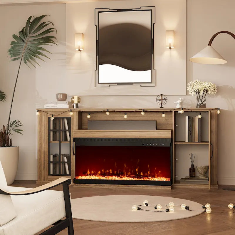 Meuble TV cheminée de 70 po avec vitre à 3 côtés, certifié ETL, 12 couleurs de flamme, lit de braises réaliste, pour téléviseurs jusqu'à 80 po