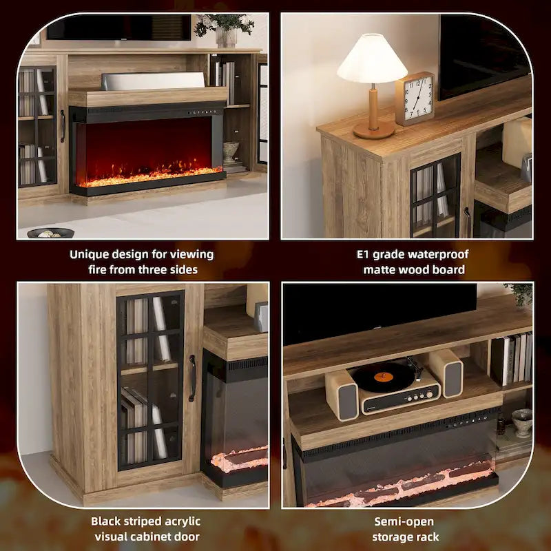 Meuble TV cheminée de 70 po avec vitre à 3 côtés, certifié ETL, 12 couleurs de flamme, lit de braises réaliste, pour téléviseurs jusqu'à 80 po