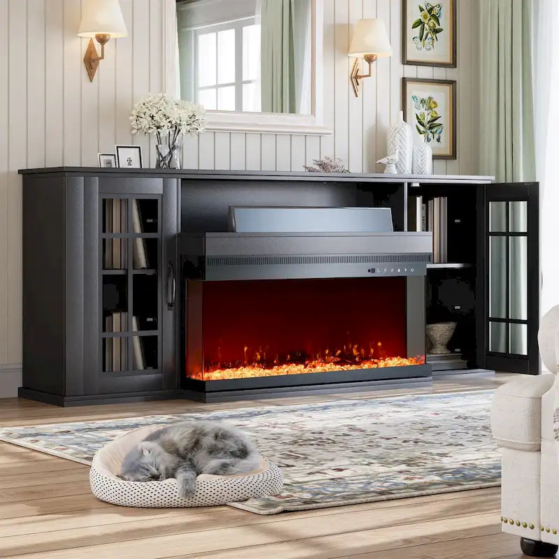 Meuble TV cheminée de 70 po avec vitre à 3 côtés, certifié ETL, 12 couleurs de flamme, lit de braises réaliste, pour téléviseurs jusqu'à 80 po