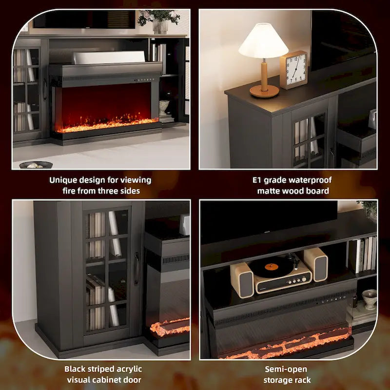 Meuble TV cheminée de 70 po avec vitre à 3 côtés, certifié ETL, 12 couleurs de flamme, lit de braises réaliste, pour téléviseurs jusqu'à 80 po