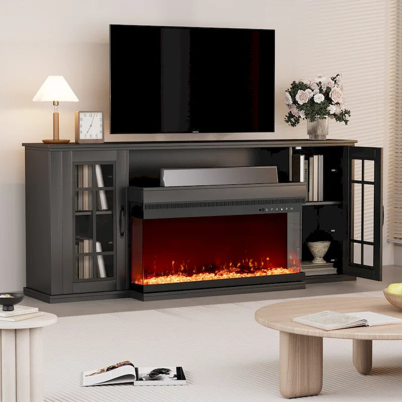 Meuble TV cheminée de 70 po avec vitre à 3 côtés, certifié ETL, 12 couleurs de flamme, lit de braises réaliste, pour téléviseurs jusqu'à 80 po
