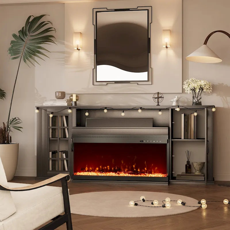 Meuble TV cheminée de 70 po avec vitre à 3 côtés, certifié ETL, 12 couleurs de flamme, lit de braises réaliste, pour téléviseurs jusqu'à 80 po