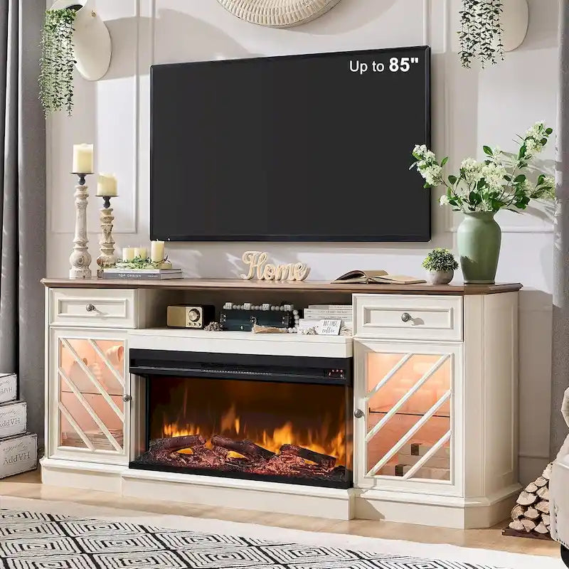 Meuble TV de ferme avec foyer 3 faces, meuble de divertissement