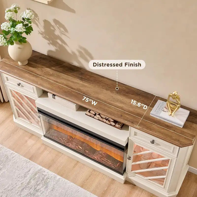 Meuble TV de ferme avec foyer 3 faces, meuble de divertissement