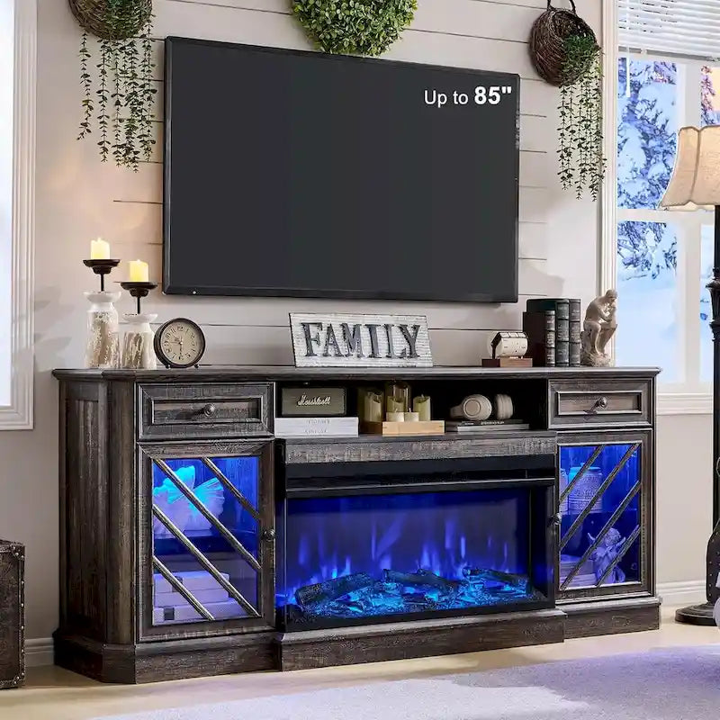 Meuble TV de ferme avec foyer 3 faces, meuble de divertissement