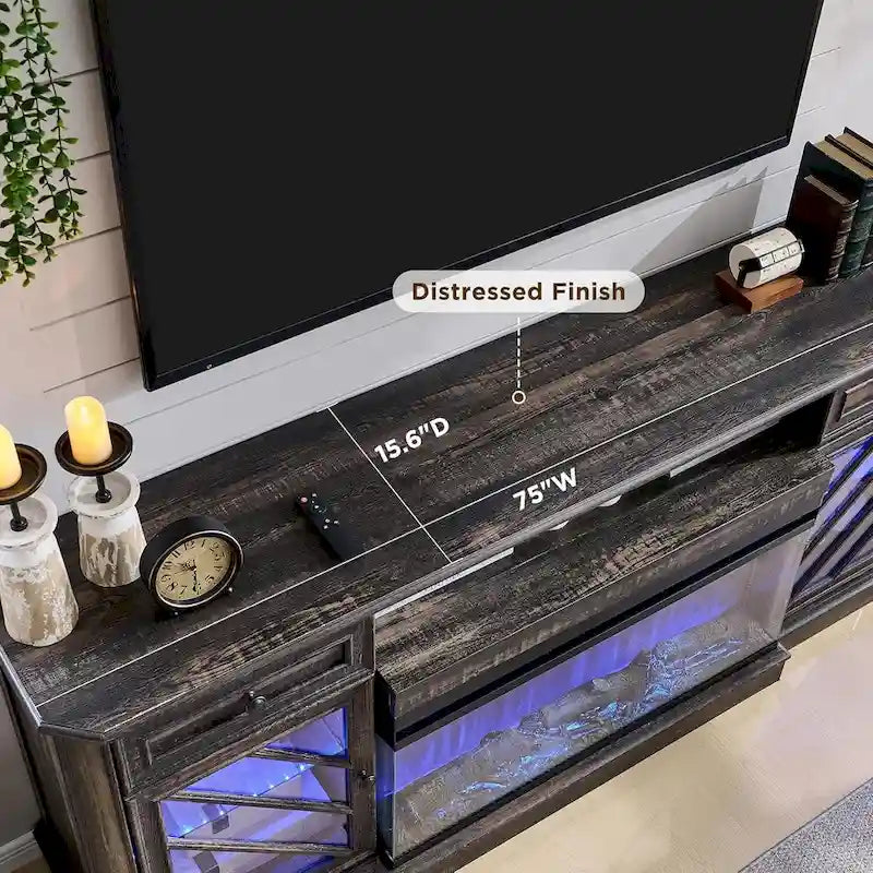 Meuble TV de ferme avec foyer 3 faces, meuble de divertissement