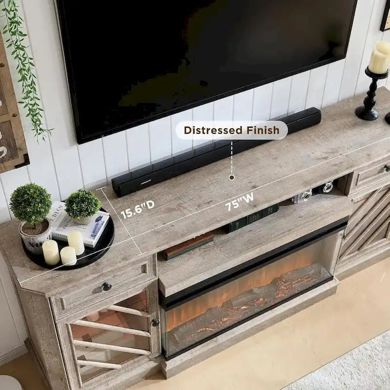 Meuble TV de ferme avec foyer 3 faces, meuble de divertissement