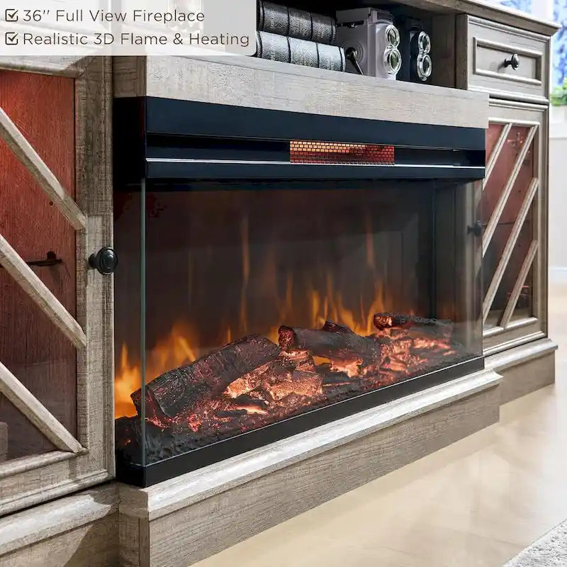 Meuble TV de ferme avec foyer 3 faces, meuble de divertissement