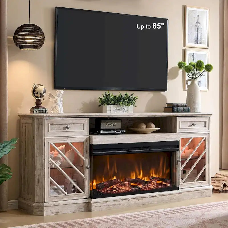 Meuble TV de ferme avec foyer 3 faces, meuble de divertissement
