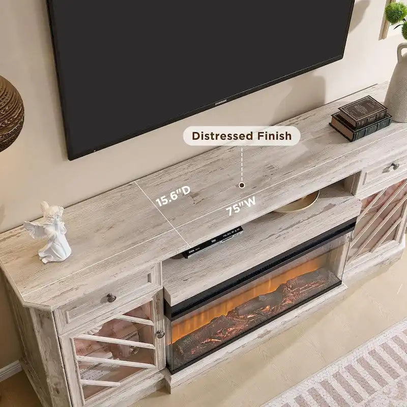 Meuble TV de ferme avec foyer 3 faces, meuble de divertissement