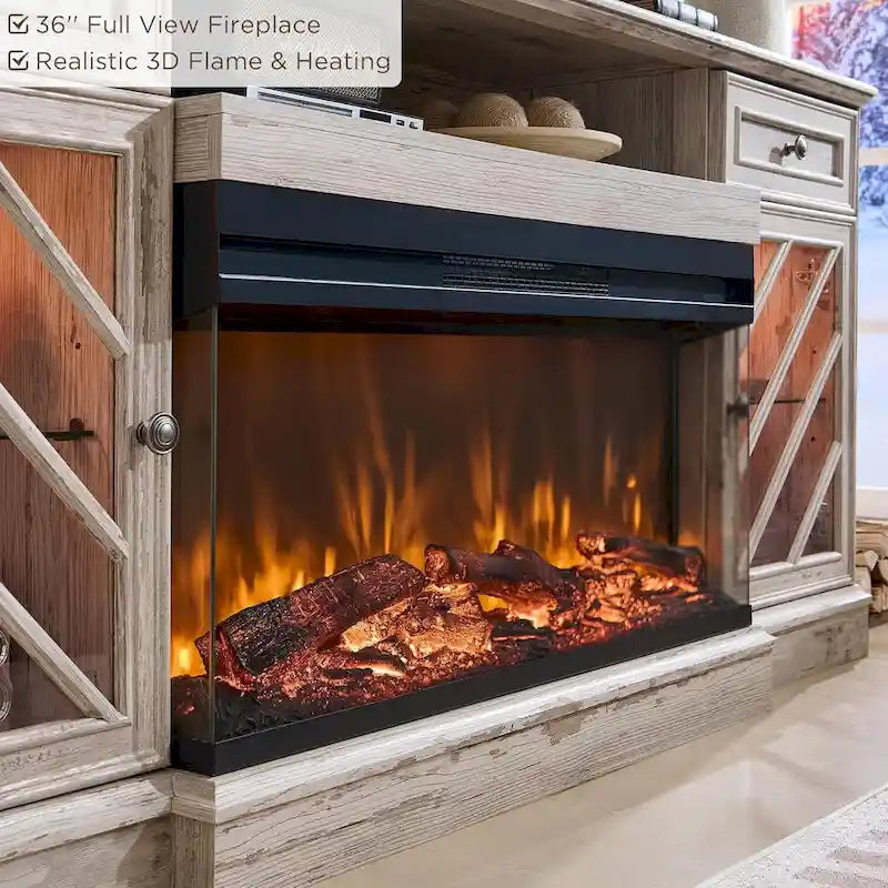Meuble TV de ferme avec foyer 3 faces, meuble de divertissement