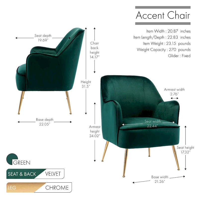 Fauteuil d'appoint en velours avec pieds chromés dorés