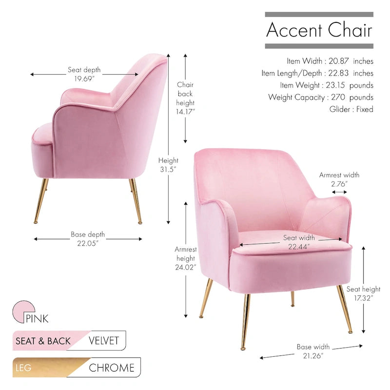 Fauteuil d'appoint en velours avec pieds chromés dorés