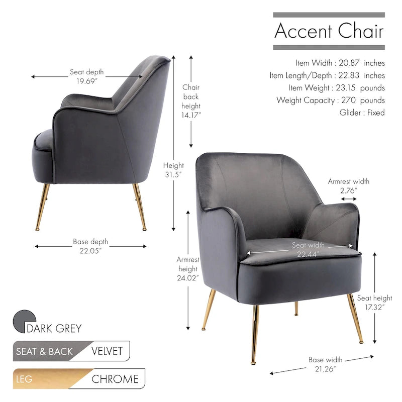 Fauteuil d'appoint en velours avec pieds chromés dorés