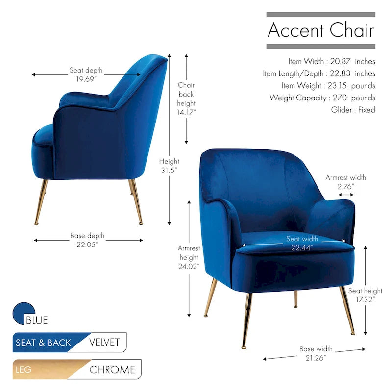Fauteuil d'appoint en velours avec pieds chromés dorés