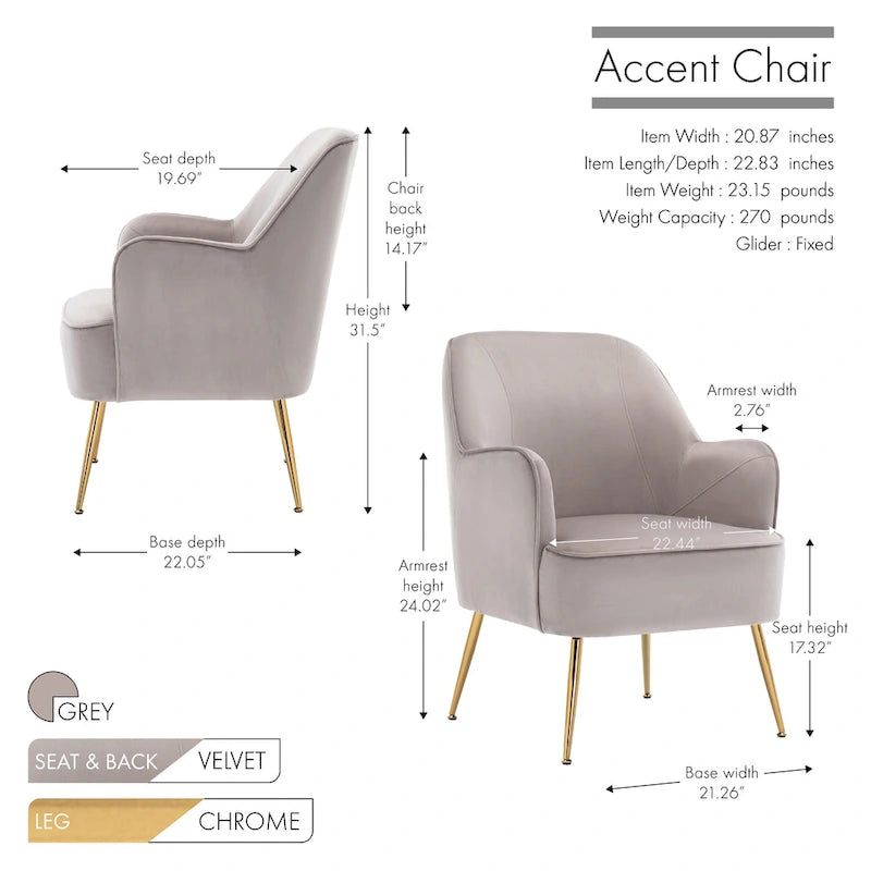 Fauteuil d'appoint en velours avec pieds chromés dorés