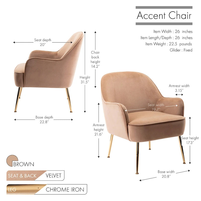 Fauteuil d'appoint en velours avec pieds chromés dorés