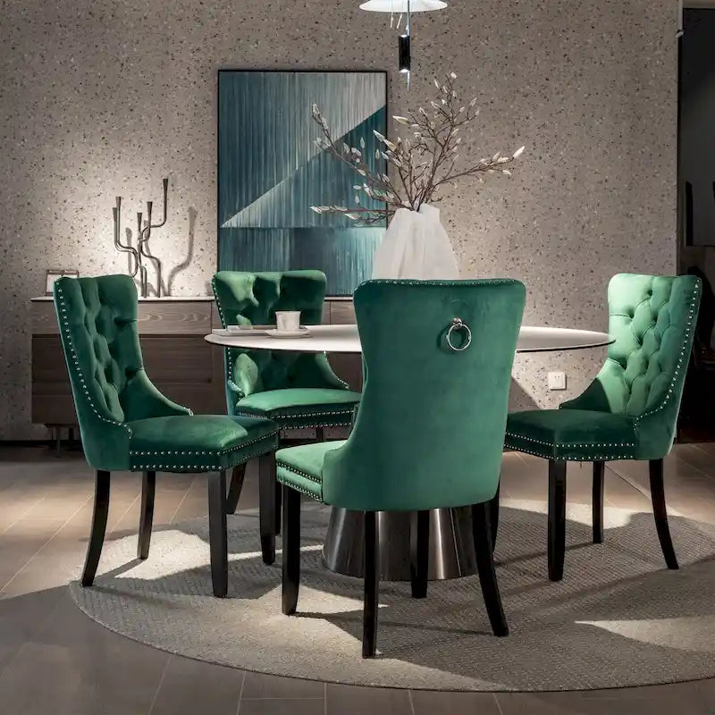 Lot de 2 chaises de salle à manger modernes en velours capitonné avec pieds en bois et clous décoratifs