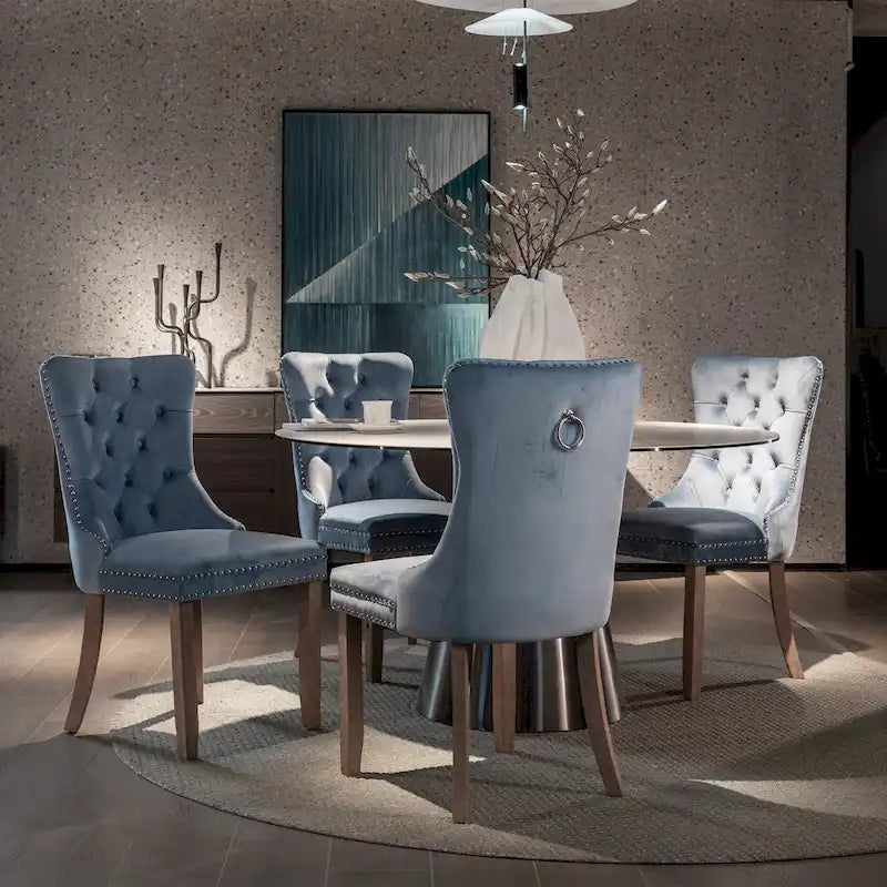 Lot de 2 chaises de salle à manger modernes en velours capitonné avec pieds en bois et clous décoratifs