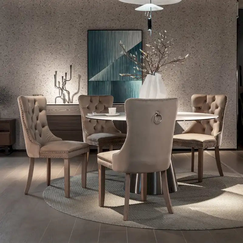 Lot de 2 chaises de salle à manger modernes en velours capitonné avec pieds en bois et clous décoratifs