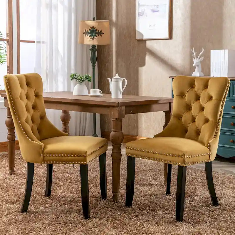 Lot de 2 chaises de salle à manger modernes en velours capitonné avec pieds en bois et clous décoratifs