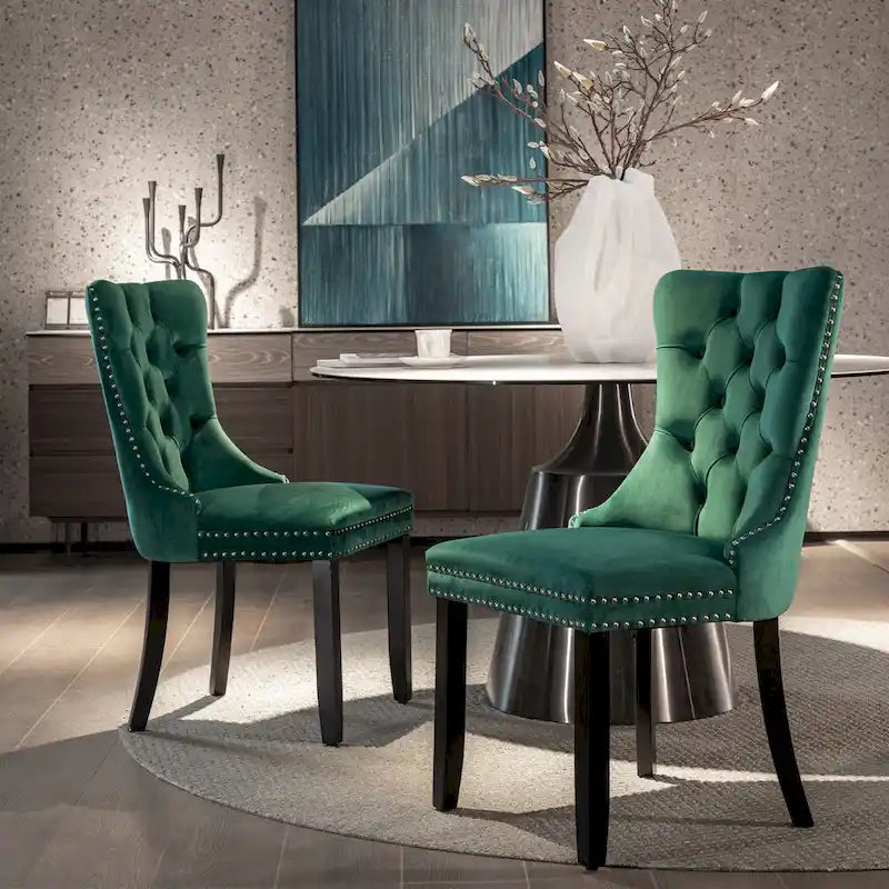 Lot de 2 chaises de salle à manger modernes en velours capitonné avec pieds en bois et clous décoratifs