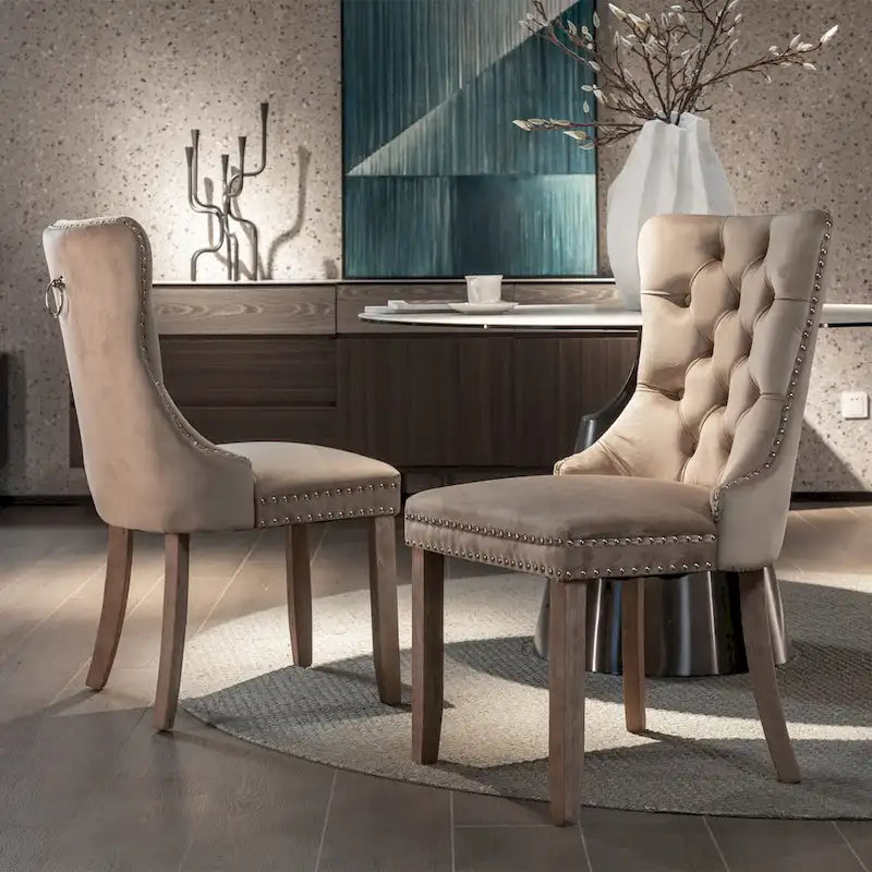 Lot de 2 chaises de salle à manger modernes en velours capitonné avec pieds en bois et clous décoratifs