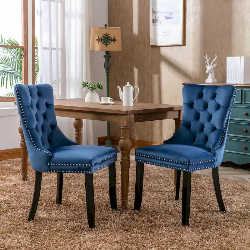 Lot de 2 chaises de salle à manger modernes en velours capitonné avec pieds en bois et clous décoratifs