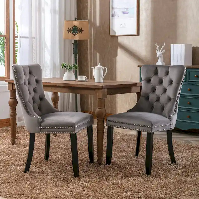 Lot de 2 chaises de salle à manger modernes en velours capitonné avec pieds en bois et clous décoratifs