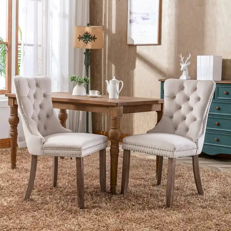 Lot de 2 chaises de salle à manger modernes en velours capitonné avec pieds en bois et clous décoratifs