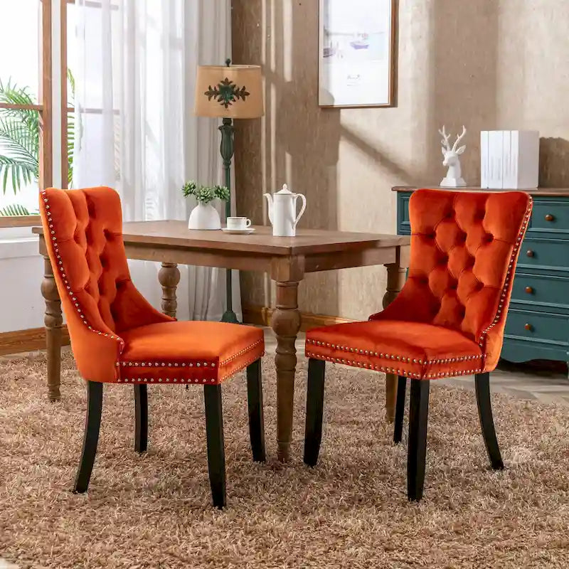 Lot de 2 chaises de salle à manger modernes en velours capitonné avec pieds en bois et clous décoratifs