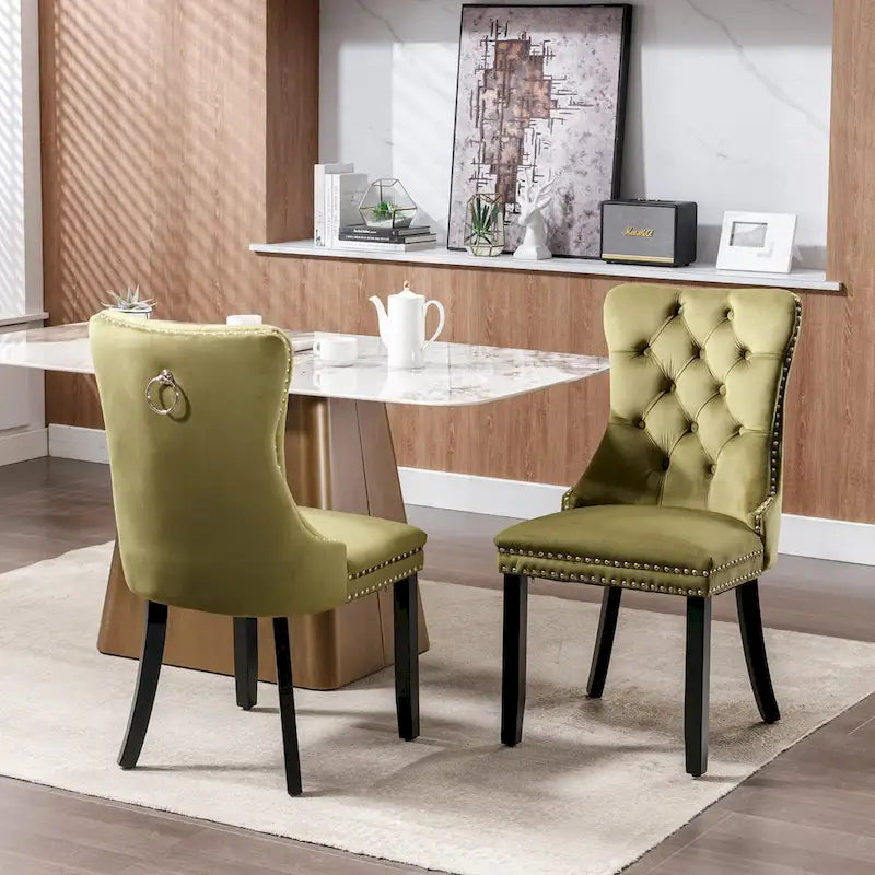 Lot de 2 chaises de salle à manger modernes en velours capitonné avec pieds en bois et clous décoratifs