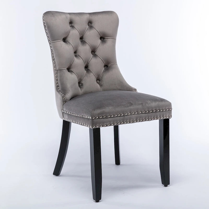 Lot de 2 chaises de salle à manger modernes en velours capitonné avec pieds en bois et clous décoratifs