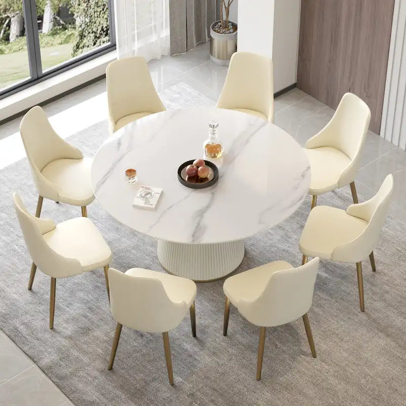 Table à manger ronde sur pied en PU avec plateau en faux marbre