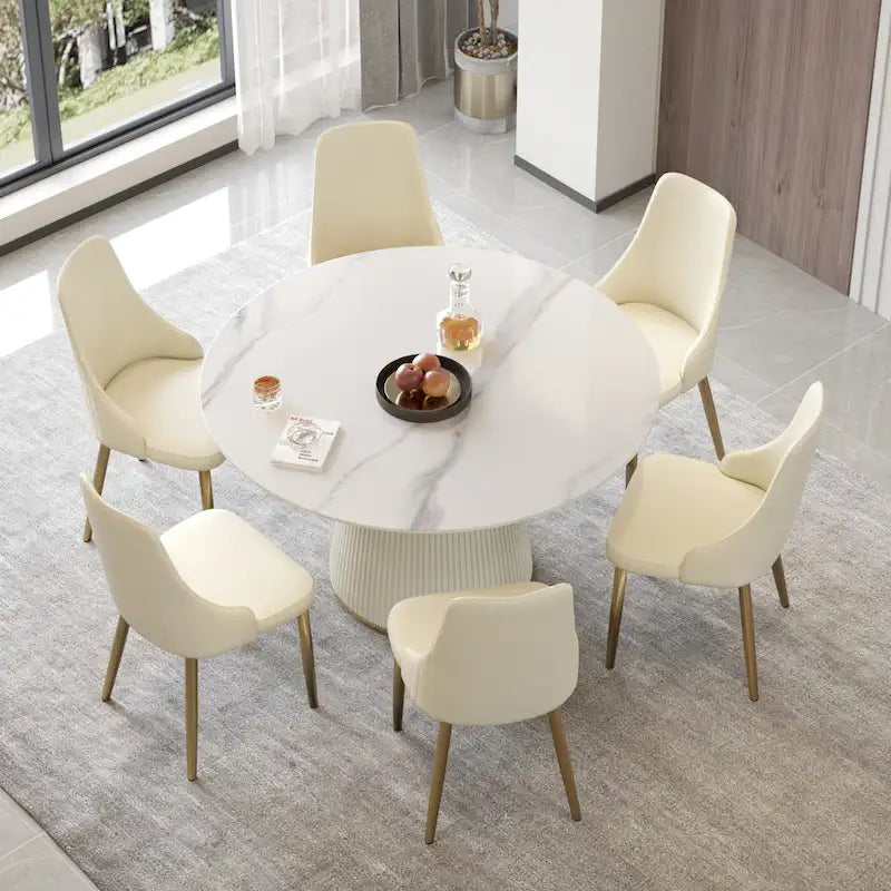 Table à manger ronde sur pied en PU avec plateau en faux marbre
