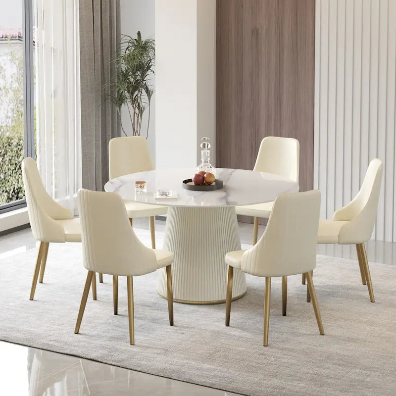 Table à manger ronde sur pied en PU avec plateau en faux marbre