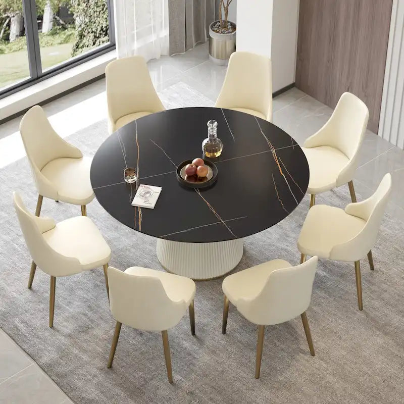 Table à manger ronde sur pied en PU avec plateau en faux marbre