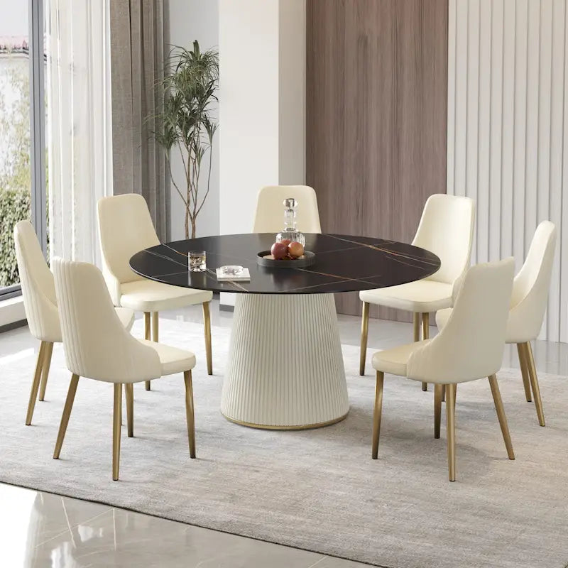 Table à manger ronde sur pied en PU avec plateau en faux marbre